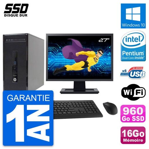 PC de escritorio HP ProDesk 400 G2 MT - Pantalla de 27'', Procesador Intel Pentium Dual-Core G3220, 16GB RAM, 960GB SSD, Windows 10, WiFi
