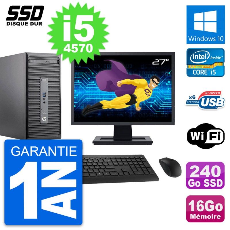 HP ProDesk 400 G2 MT Desktop PC - 27" Screen, Core i5-4570, 16GB RAM, 240GB SSD, Windows 10, WiFi