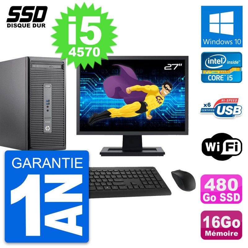 HP ProDesk 400 G2 MT Desktop Computer, 27" Screen, Core i5-4570, 16GB RAM, 480GB SSD, Windows 10, WiFi