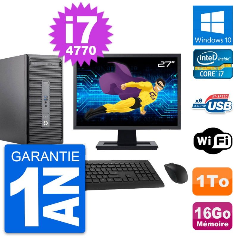 HP ProDesk 400 G2 MT Desktop Computer, 27" Screen, Intel i7-4770, 16GB RAM, 1TB Storage, Windows 10, WiFi