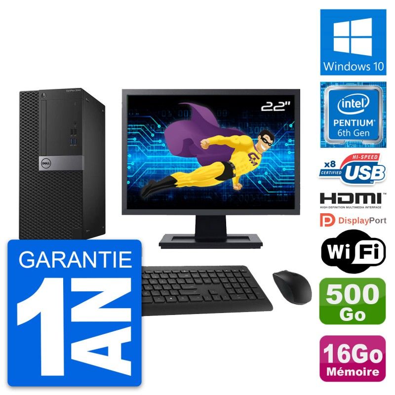 Dell OptiPlex 3040 Desktop Computer, 22" Screen, Intel Pentium G4400, 16GB RAM, 500GB HDD, HDMI, WiFi