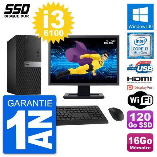 PC de escritorio Dell OptiPlex 3040 - Pantalla de 22'', Intel Core i3-6100, 16GB de RAM, 120GB SSD, HDMI, WiFi