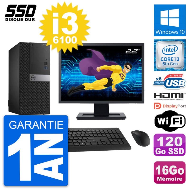 Dell OptiPlex 3040 Desktop PC - 22" Screen, Core i3-6100, 16GB RAM, 120GB SSD, HDMI, WiFi