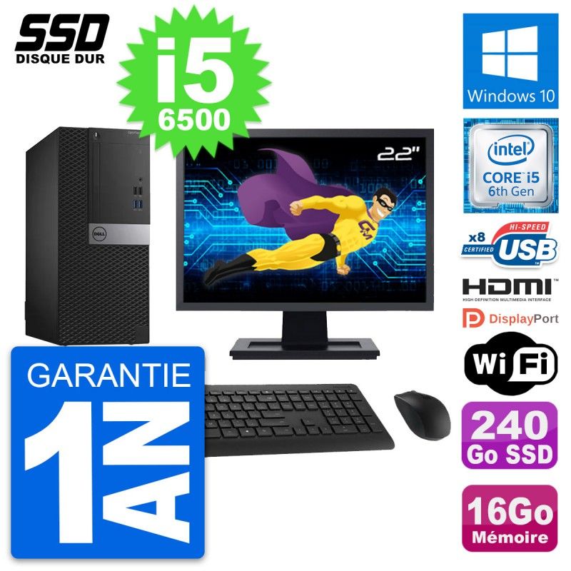 Dell OptiPlex 3040 Desktop Computer, 22" Screen, Core i5-6500, 16GB RAM, 240GB SSD, HDMI, WiFi