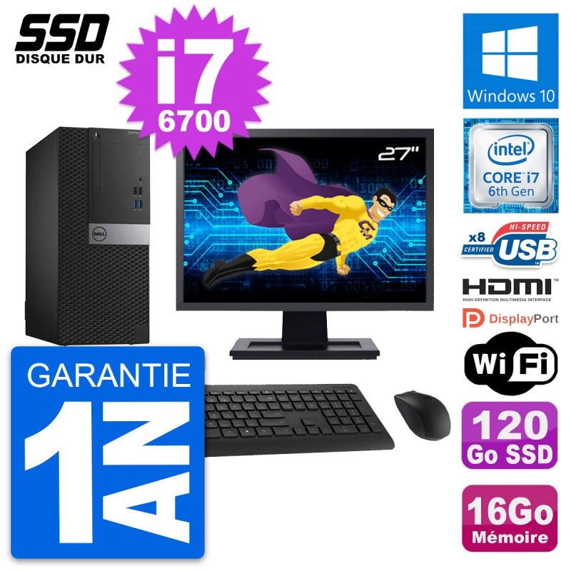 Dell OptiPlex 3040 Tower PC - 27" Screen, Core i7-6700, 16GB RAM, 120GB SSD, HDMI, WiFi