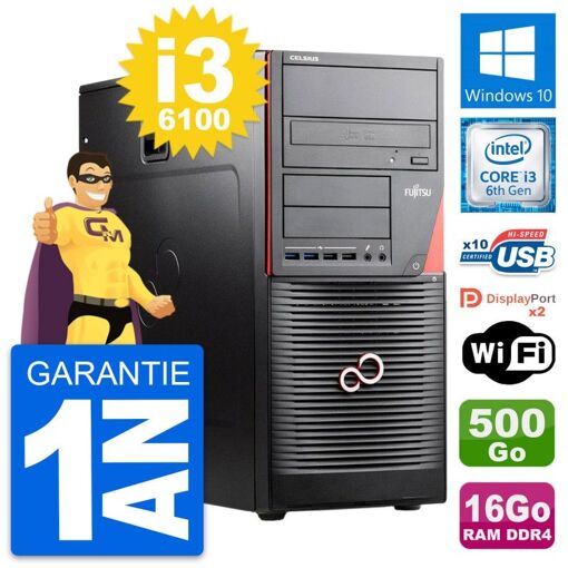 PC de escritorio Fujitsu Celsius W550n MT i3-6100 16GB RAM 500GB HDD Windows 10 WiFi