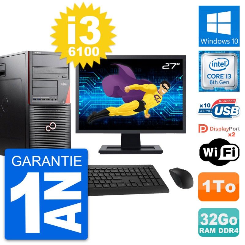 Fujitsu W550n 27-Inch PC Tower - Core i3-6100, 32GB RAM, 1TB HDD, Windows 10, WiFi