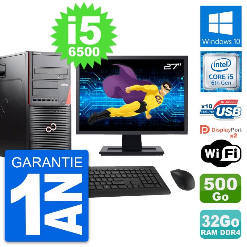 Fujitsu W550n MT PC Tower - 27" Screen, i5-6500, 32GB RAM, 500GB Disk, Windows 10, WiFi