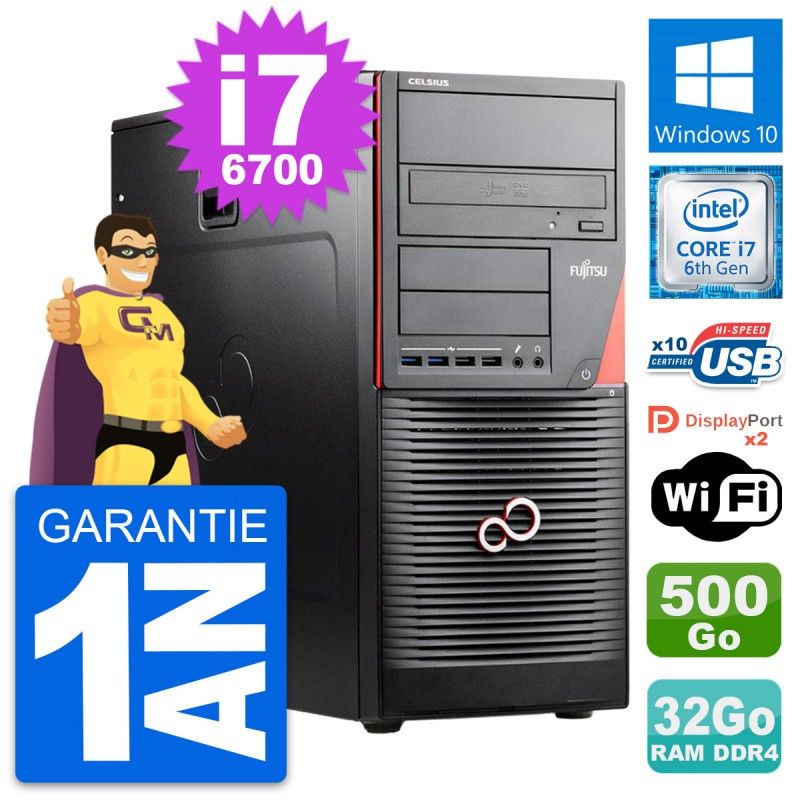 Fujitsu Celsius W550n MT - Processeur Intel Core i7-6700, 32 Go de RAM, 500 Go de SSD, Windows 10