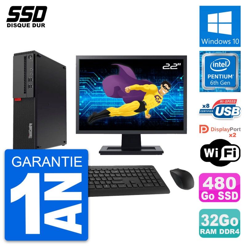 Lenovo M910s SFF Desktop Computer - 22" Screen, Pentium G4400, 32GB RAM, 480GB SSD, Windows 10, WiFi
