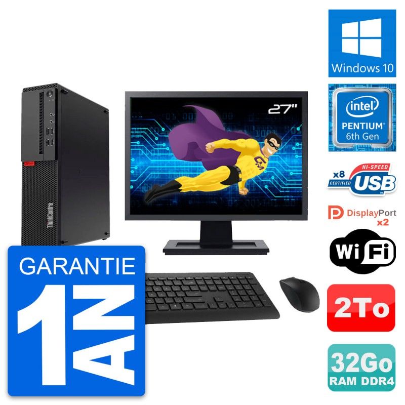 Lenovo M910s SFF Desktop Computer - 27" Screen, Pentium G4400, 32GB RAM, 2TB Storage, WiFi