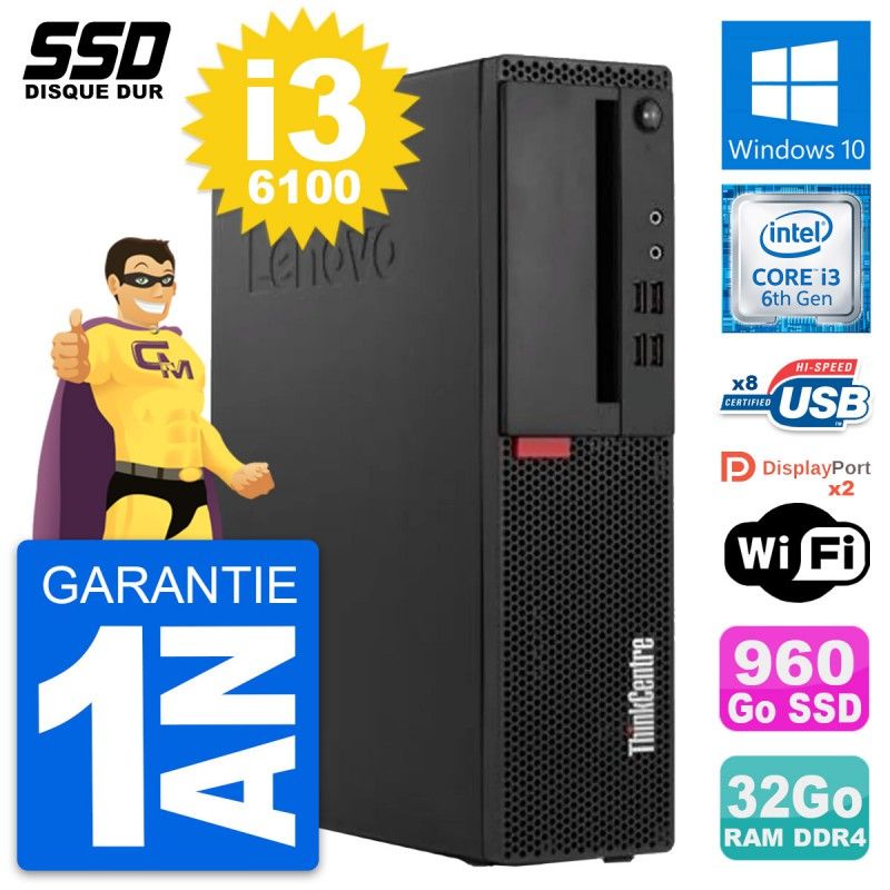 Lenovo ThinkCentre M910s SFF Computer - Intel i3-6100, 32GB RAM, 960GB SSD, Windows 10, WiFi