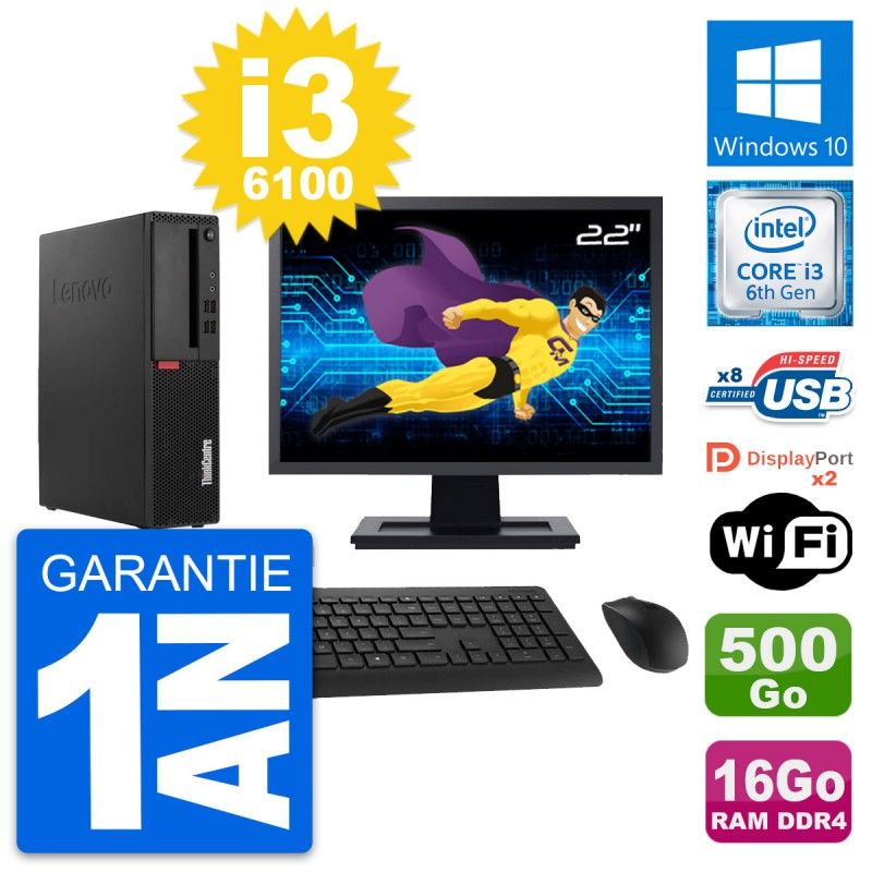 Lenovo M910s SFF Desktop - 22" Screen, Core i3-6100, 16GB RAM, 500GB HDD, Windows 10, WiFi