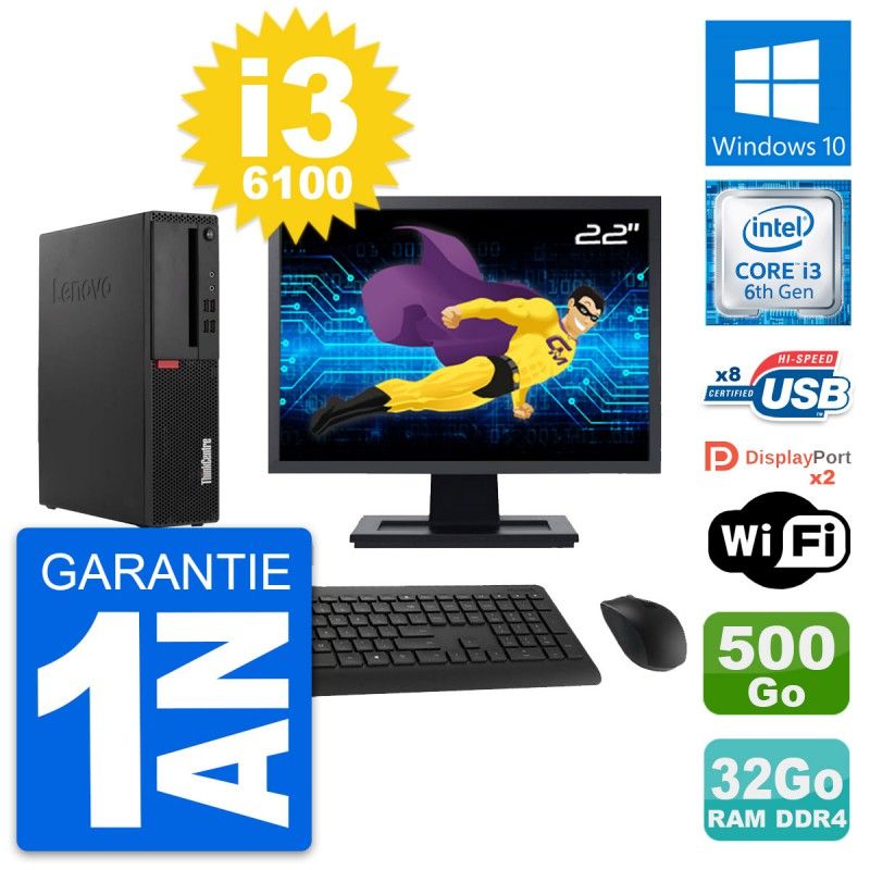 Lenovo M910s SFF Desktop Computer | 22' Screen | Core i3-6100 | 32GB RAM | 500GB SSD | Windows 10