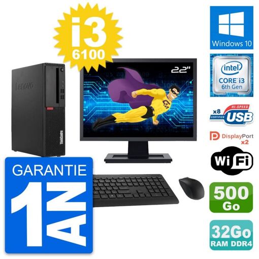 Computadora de escritorio Lenovo M910s SFF | Pantalla de 22' | Procesador Core i3-6100 | 32GB de RAM | 500GB SSD | Windows 10