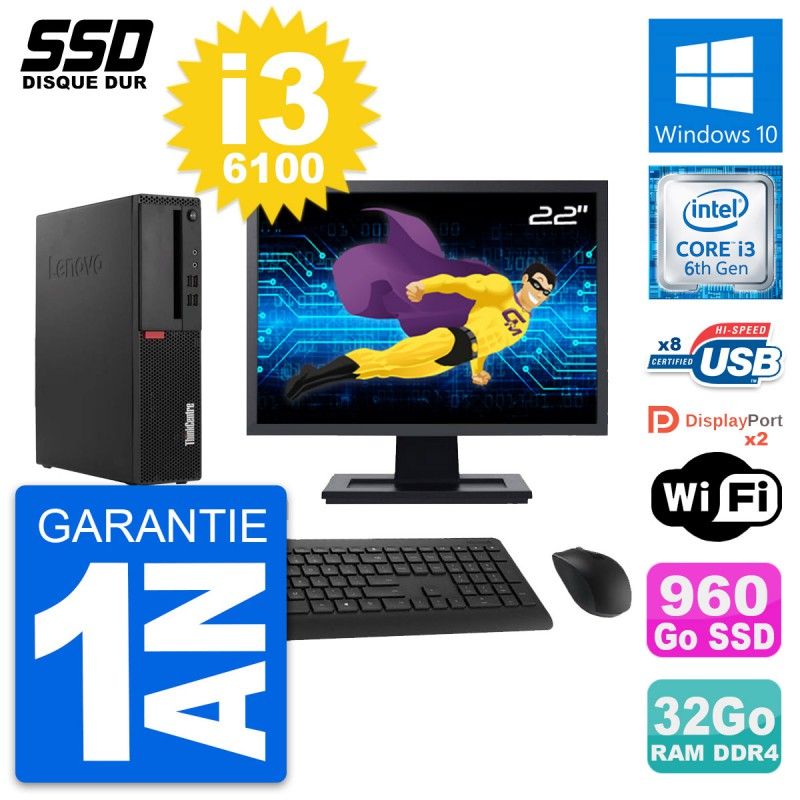 Lenovo M910s SFF Desktop Computer | 22" Screen | Intel i3-6100 | 32GB RAM | 960GB SSD