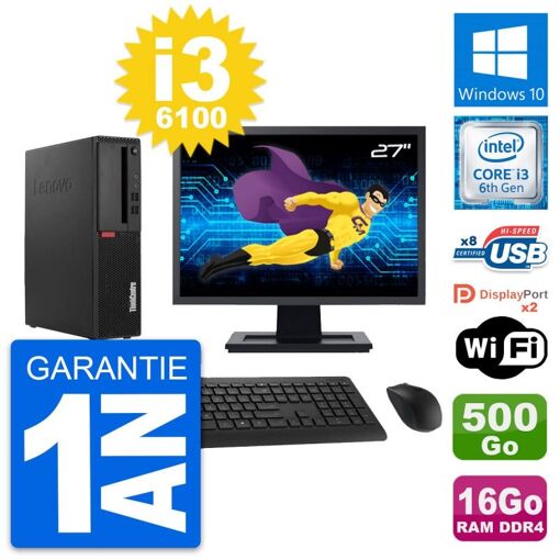 Computadora de escritorio Lenovo M910s SFF - Pantalla de 27'', Core i3-6100, 16GB RAM, 500GB HDD, Windows 10, Wifi
