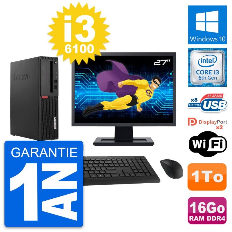 Lenovo M910s SFF Desktop Computer - 27" Screen, Intel i3-6100, 16GB RAM, 1TB HDD, Windows 10, Wifi