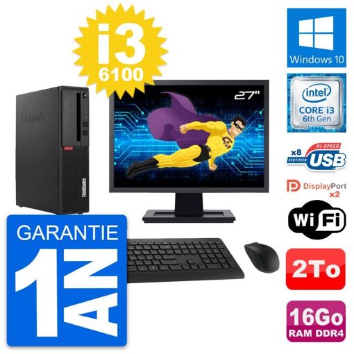 Computadora de escritorio Lenovo M910s SFF - Pantalla de 27'', Intel i3-6100, 16GB de RAM, 2TB de almacenamiento, Windows 10, WiFi