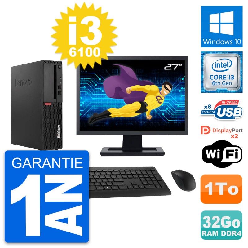 Lenovo M910s SFF PC - 27" Screen, Intel i3-6100, 32GB RAM, 1TB HDD, Windows 10