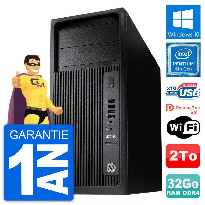 Station de travail HP Z240 MT - Processeur Intel Pentium Dual-Core G4400, 32 Go de RAM, 2 To de SSD, Windows 10, WiFi
