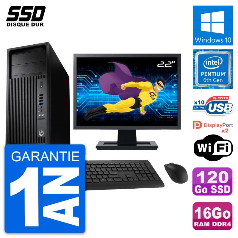 HP WorkStation Z240 Desktop PC - 22" Screen, Intel Pentium G4400, 16GB RAM, 120GB SSD, Windows 10, WiFi
