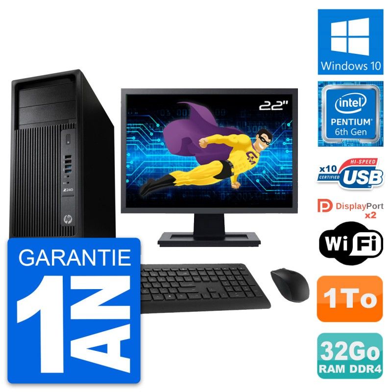 HP Z240 MT Desktop PC - 22" Screen, Pentium G4400, 32GB RAM, 1TB HDD, Windows 10, WiFi