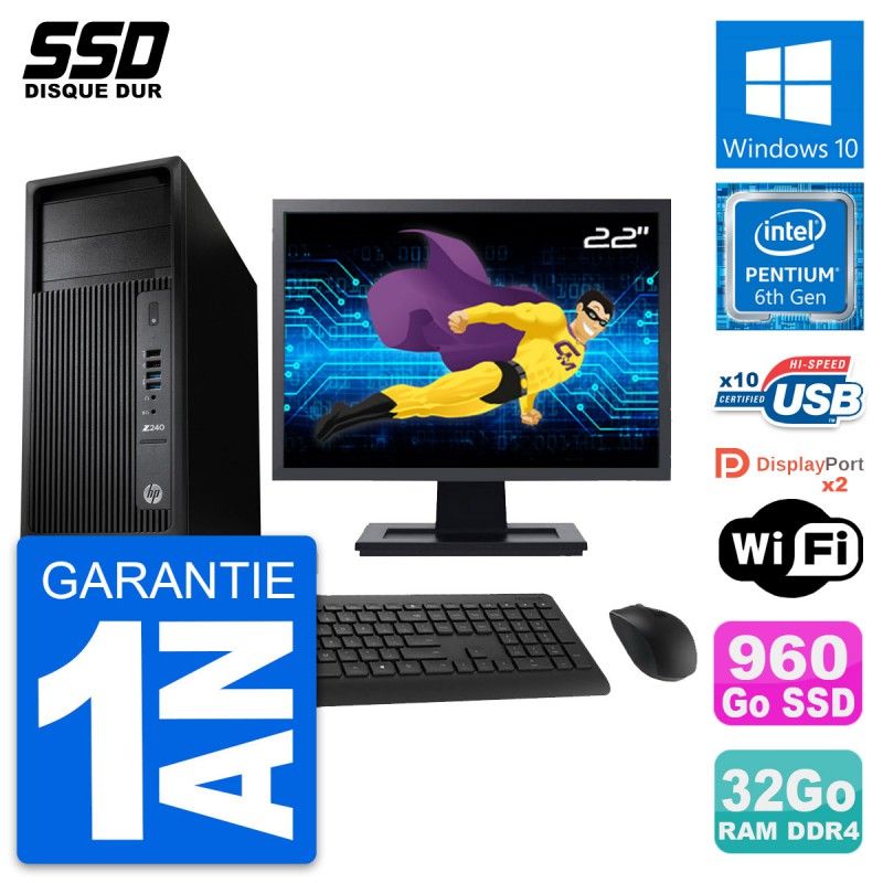 HP WorkStation Z240 Desktop PC - 22" Screen, Intel Pentium G4400, 32GB RAM, 960GB SSD, Windows 10, Wifi