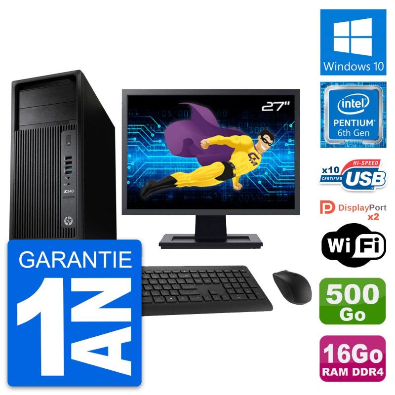 HP Z240 MT Workstation Computer - 27" Screen, Intel G4400, 16GB RAM, 500GB HDD, Windows 10, WiFi