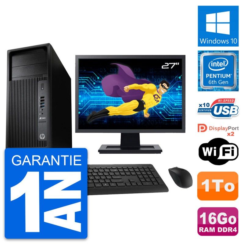 HP Z240 MT Workstation PC - 27" Screen, Pentium G4400, 16GB RAM, 1TB HDD, Windows 10, WiFi