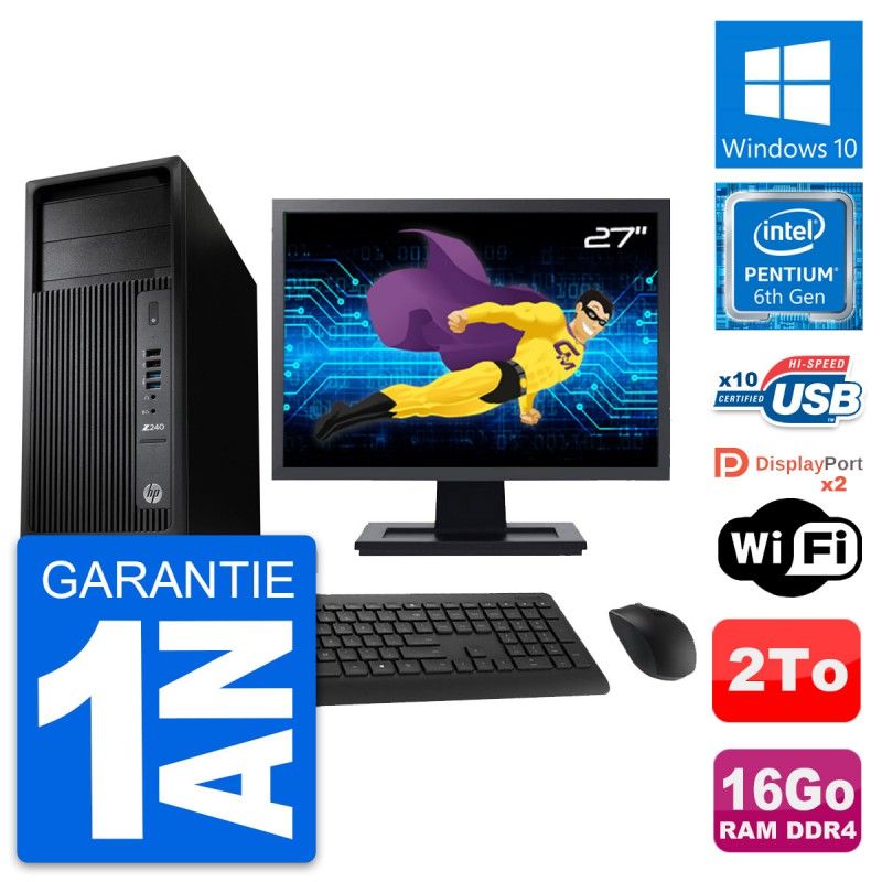 HP Z240 MT Workstation PC - 27" Screen, Pentium G4400, 16GB RAM, 2TB HDD, Windows 10, WiFi