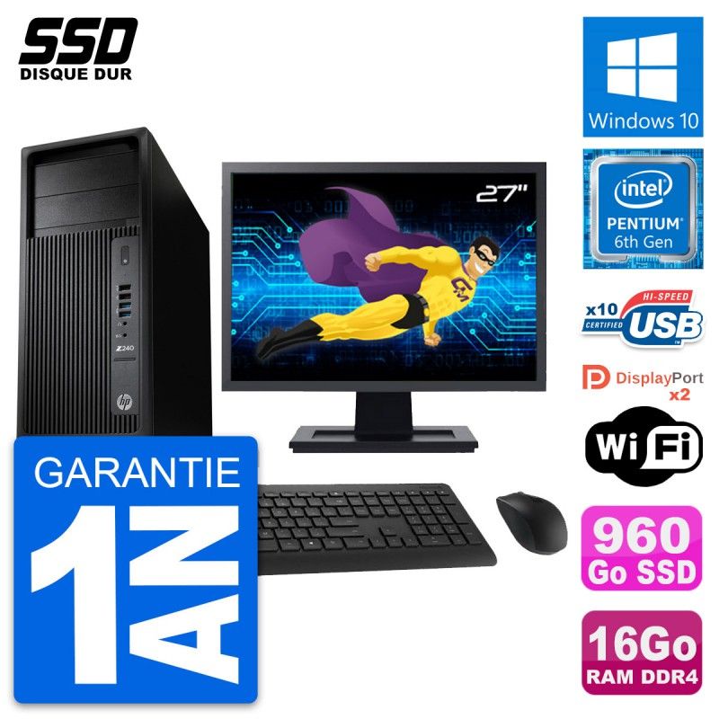 HP WorkStation Z240 Desktop PC - 27inch Display, Intel Core i5-G4400, 16GB RAM, 960GB SSD, Windows 10, WiFi