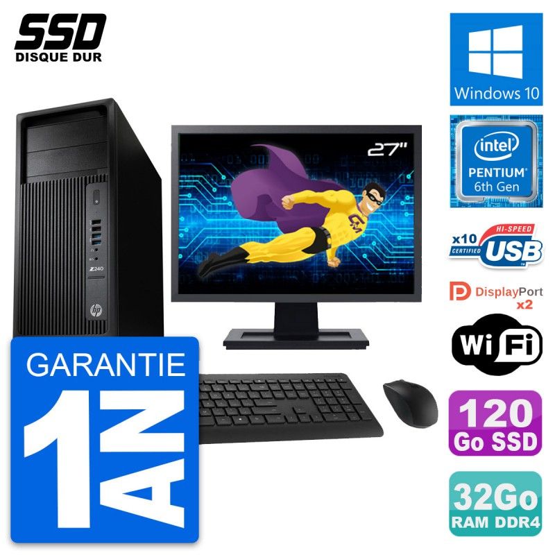 HP WorkStation Z240 Desktop PC - 27" Screen, Intel Pentium G4400, 32GB RAM, 120GB SSD, Windows 10, WiFi