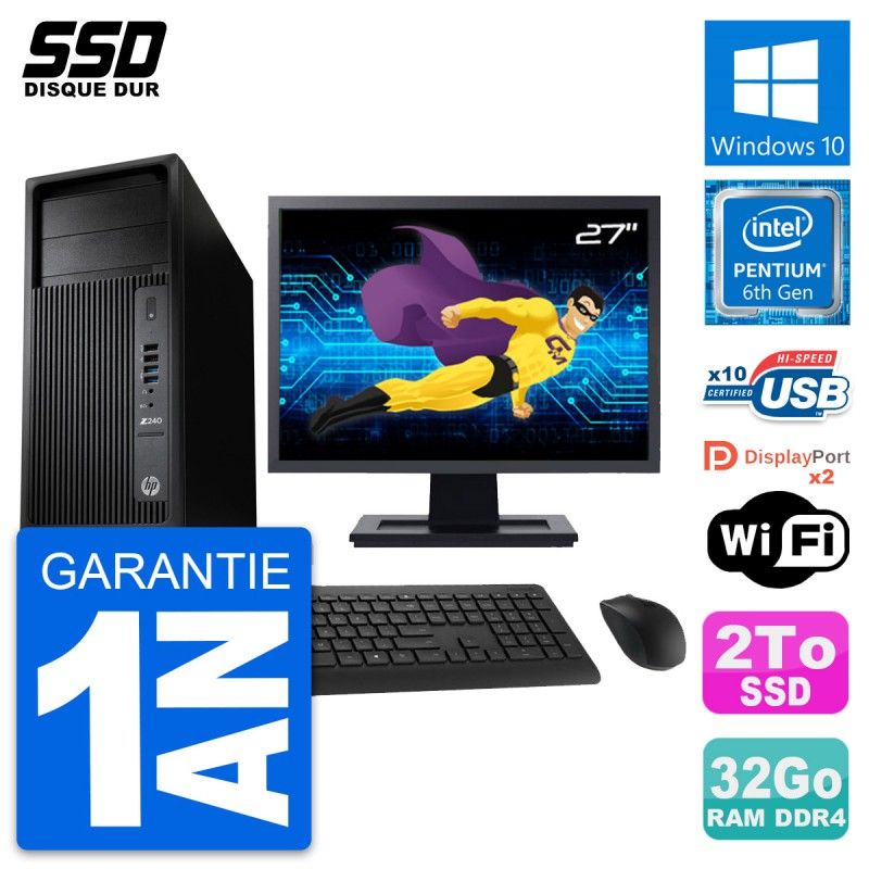 HP WorkStation Z240 MT - 27" Display, Intel Pentium G4400, 32GB RAM, 2TB SSD, Windows 10, WiFi