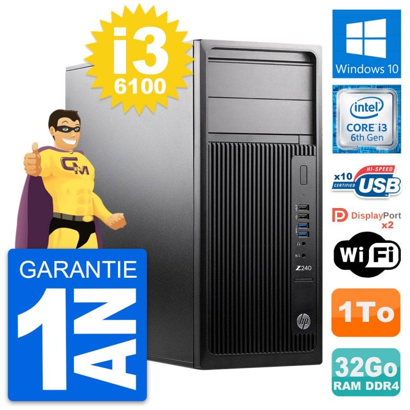 Estación de trabajo HP Z240 MT - Procesador Intel i3-6100, 32GB de RAM, 1TB HDD, Windows 10, WiFi