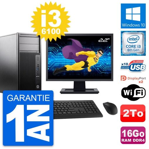 PC de estación de trabajo HP Z240 MT - Pantalla de 22', Intel i3-6100, 16 GB de RAM, 2 TB HDD, Windows 10