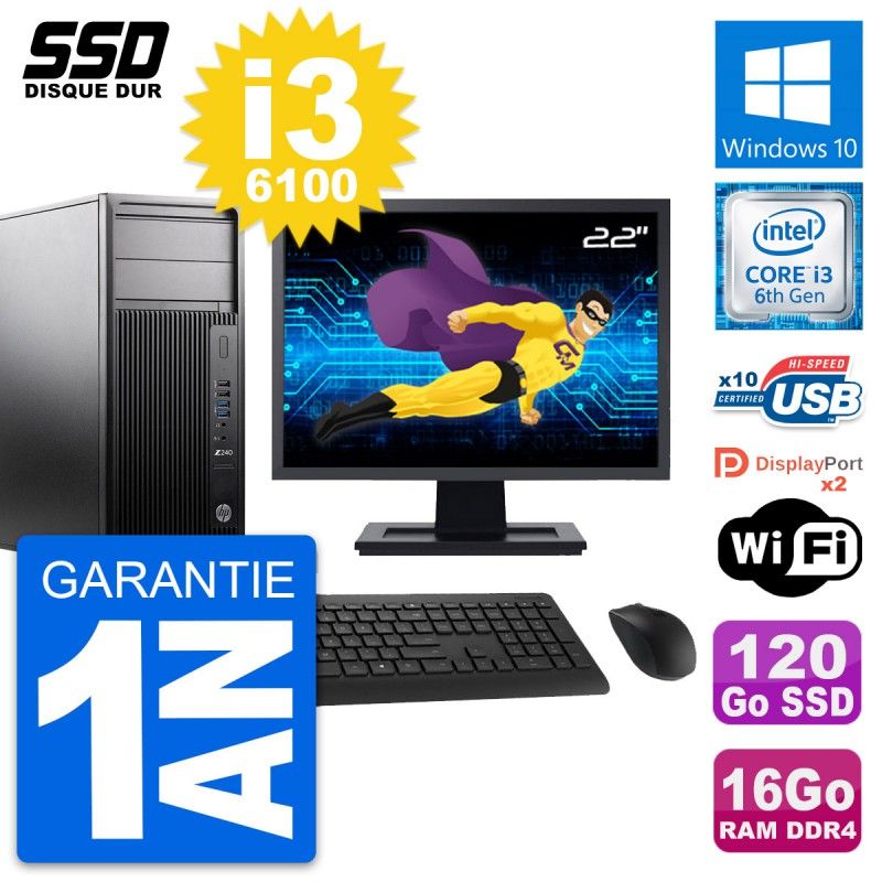 HP WorkStation Z240 Desktop PC - 22" Screen, i3-6100, 16GB RAM, 120GB SSD, Windows 10, Wifi