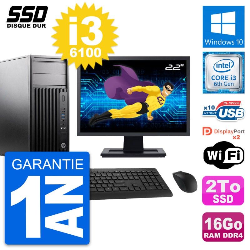 HP WorkStation Z240 Desktop PC - 22" Screen, i3-6100, 16GB RAM, 2TB SSD, Windows 10, Wifi