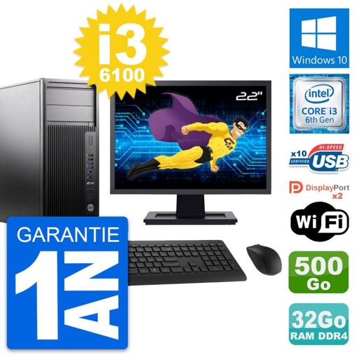 PC de escritorio HP Z240 MT - Pantalla de 22', Intel i3-6100, 32 GB de RAM, Disco de 500 GB, Windows 10, WiFi