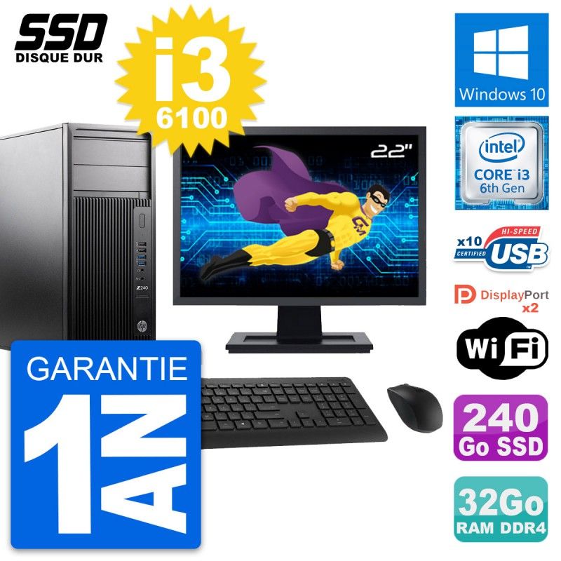 HP WorkStation Z240 Desktop PC - 22" Screen, i3-6100, 32GB RAM, 240GB SSD, Windows 10, Wifi