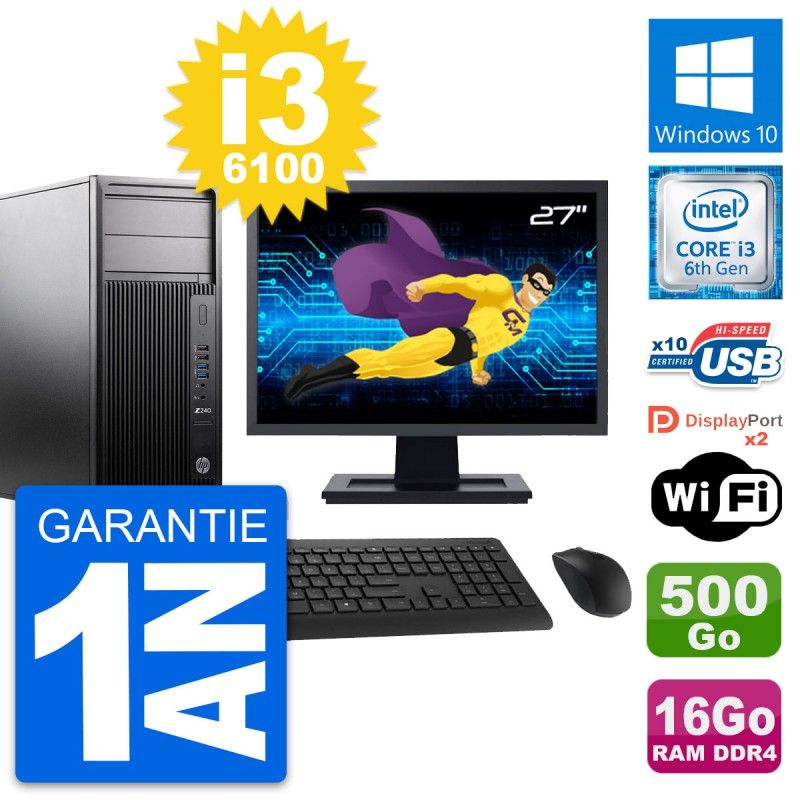 HP Z240 MT Workstation Computer, 27" Screen, Intel i3-6100, 16GB RAM, 500GB Storage, Windows 10, WiFi