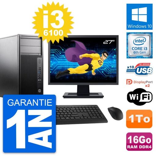 PC de escritorio HP Z240 MT - Pantalla de 27', Intel i3-6100, 16 GB de RAM, 1 TB HDD, Windows 10, WiFi