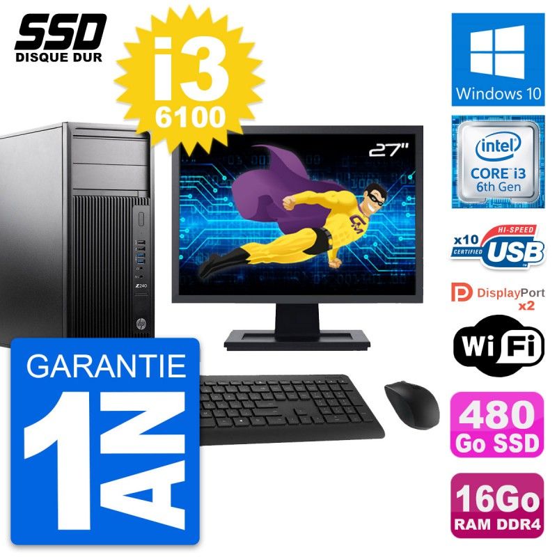 Ordinateur de bureau HP WorkStation Z240 - Écran 27'', Intel Core i3-6100, 16 Go de RAM, 480 Go SSD, Windows 10, WiFi