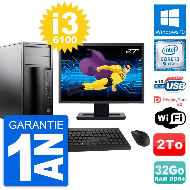 HP Z240 MT Workstation PC - 27" Screen, Intel i3-6100, 32GB RAM, 2TB HDD, Windows 10, WiFi