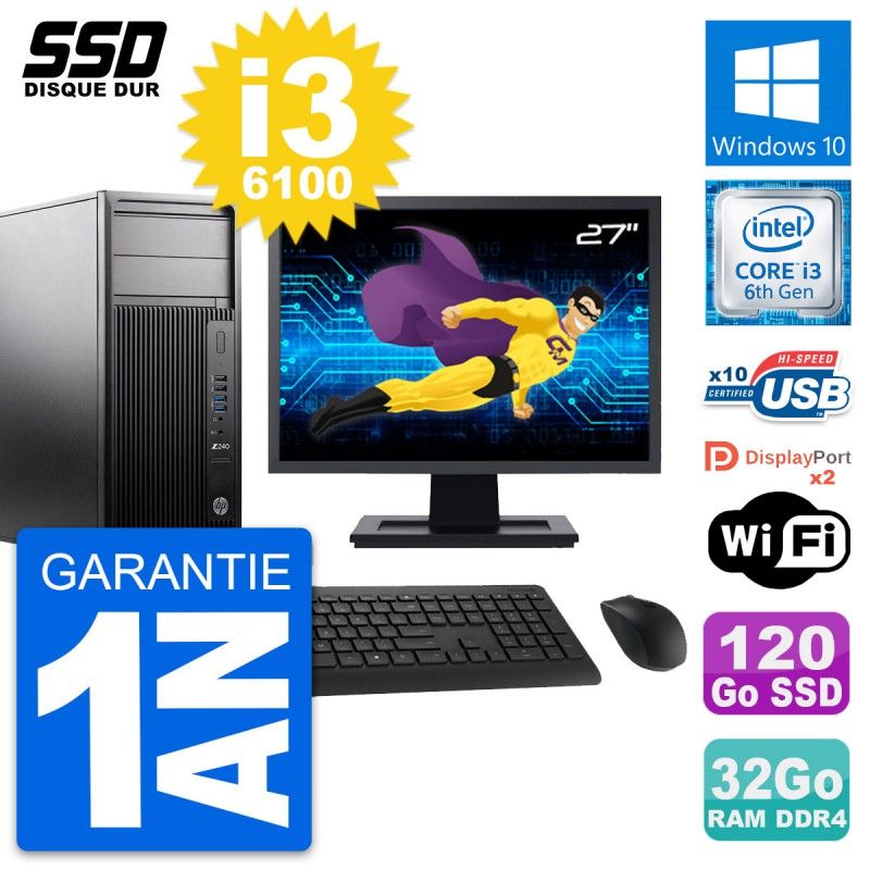 HP WorkStation Z240 Desktop PC - 27" Screen, i3-6100, 32GB RAM, 120GB SSD, Windows 10, WiFi