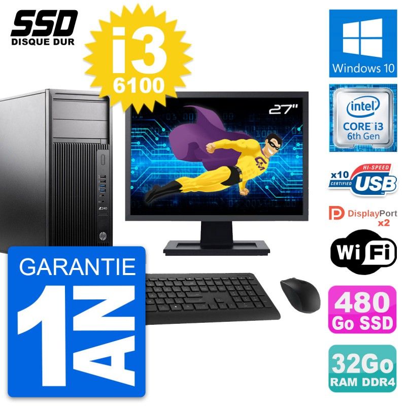 HP WorkStation Z240 Desktop PC - 27" Screen, i3-6100, 32GB RAM, 480GB SSD, Windows 10, Wifi