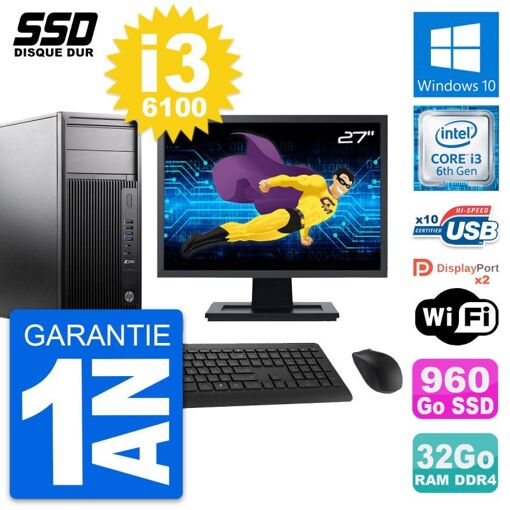 Estación de trabajo HP Z240 - Pantalla de 27'', Intel Core i3-6100, 32 GB de RAM, 960 GB SSD, Windows 10, Wifi