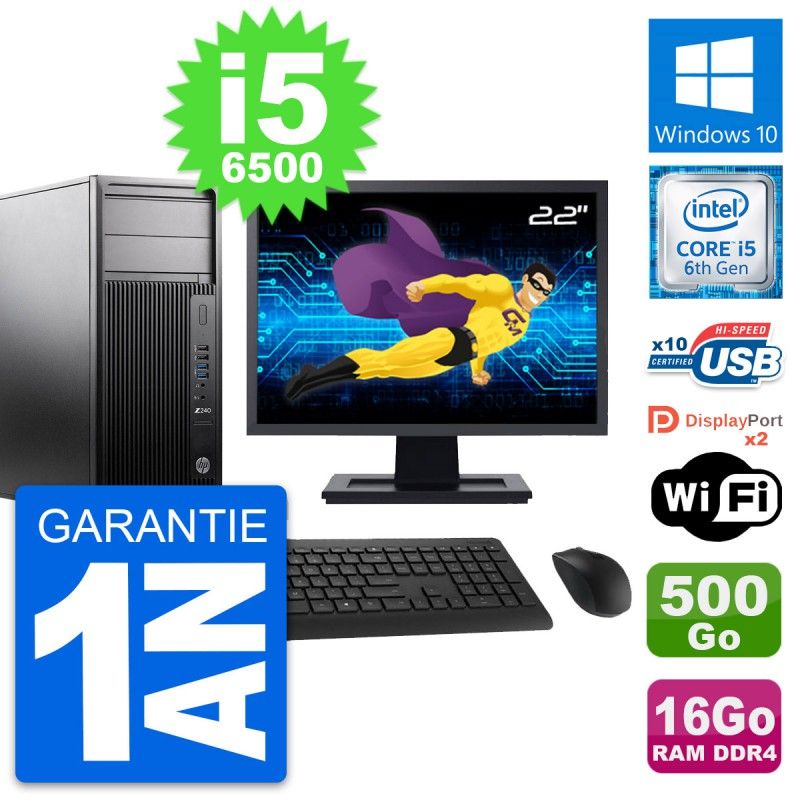 HP Z240 MT Workstation Computer, 22" Screen, Intel i5-6500, 16GB RAM, 500GB HDD, Windows 10, WiFi