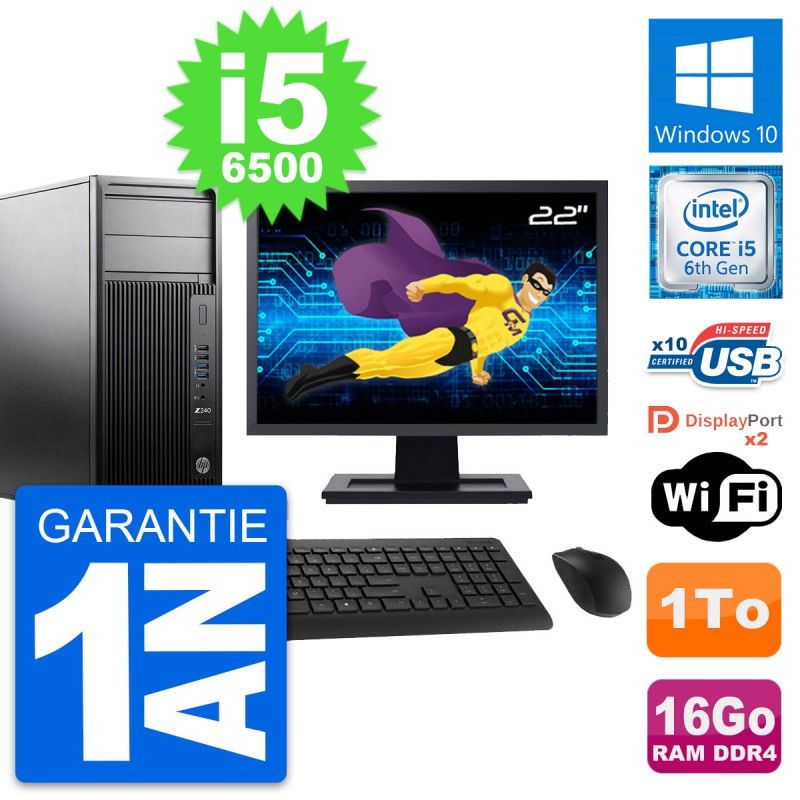 HP Z240 MT Desktop PC - 22" Screen, Intel i5-6500, 16GB RAM, 1TB HDD, Windows 10, WiFi