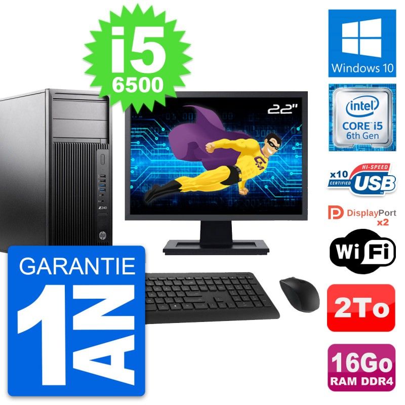 HP Z240 MT Workstation Computer, 22-inch Screen, Intel i5-6500, 16GB RAM, 2TB Hard Drive, Windows 10, WiFi